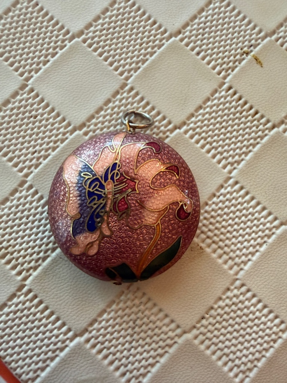 Pink Floral Cloisonné Round Locket Necklace Pendant
